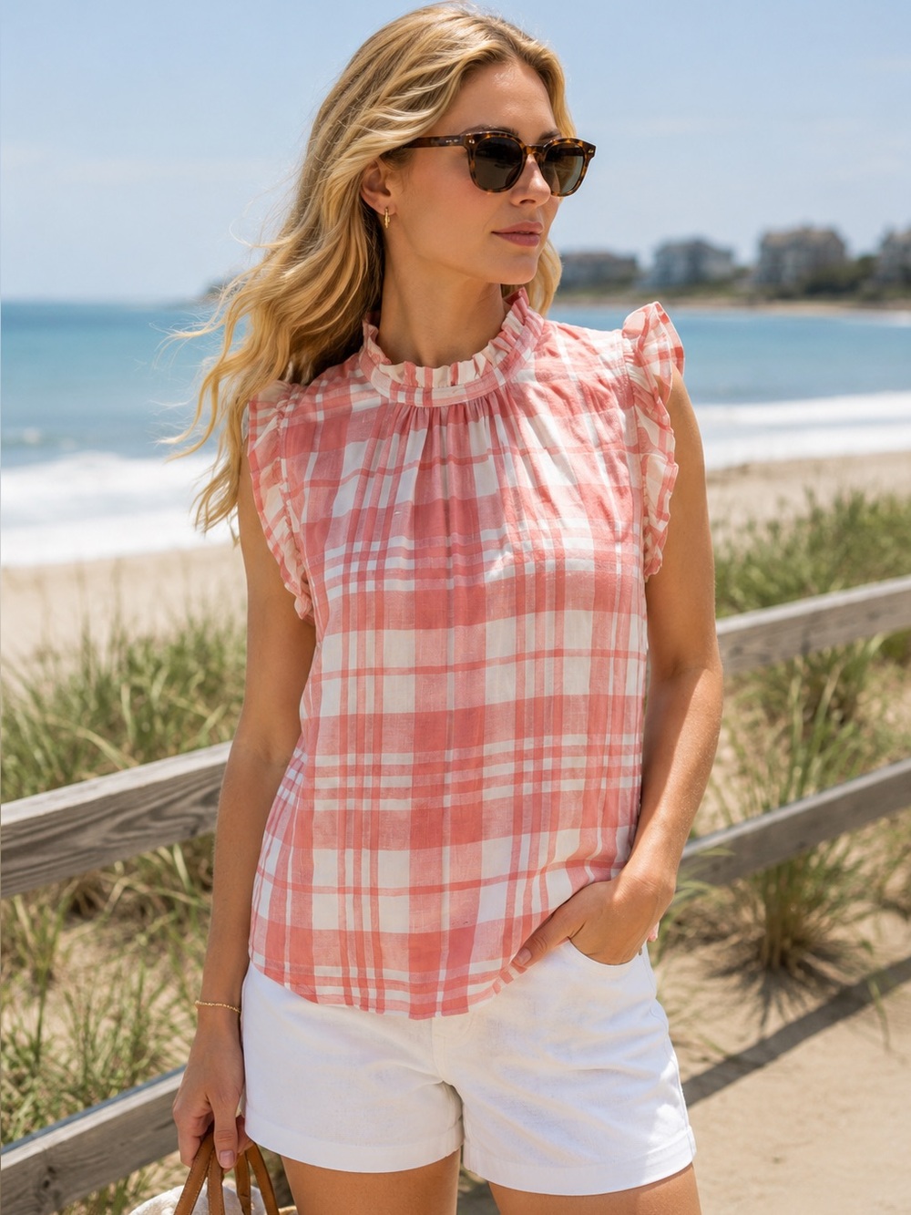 ISABELLA SINCLAIR Coastal Prep Pink Plaid Semi-Sheer Ruffle Neck Blouse, S